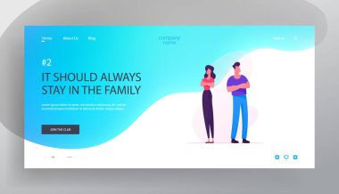 Aile Anlaşmazlık Web Sitesi Açılış Sayfası. Çapraz Kollarıyla Ayakta Duran Problemleri Olan Çift Kavga web sayfası afişinden sonra birbirlerine bakmaktan kaçının. Karikatür Düz Vektör İllüstrasyon