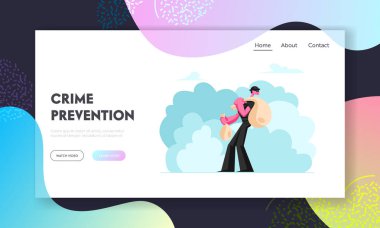 Para Çantalı Hırsız, Soygun Suç Web Sitesi Açılış Sayfası. Funny Robber Hırsız Siyah Giyim ve Maske Giyen Sacks Web Sayfası Banner Prey ile Get Away çalışıyor. Karikatür Düz Vektör İllüstrasyon