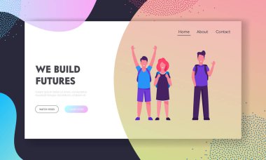 Mutlu Gülen Çocuklar Okula Dönüş Konsept Web Sitesi Açılış Sayfası. Sırt Çantaları ile Teenage Kids Stand Together Yeni Eğitim Yılı Web Sayfası Banner başlatın sevinirler. Karikatür Düz Vektör İllüstrasyon