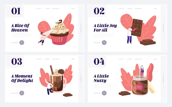 Άνθρωποι που τρώνε γλυκό σοκολάτα φαγητό ιστοσελίδα σύνολο σελίδα προορισμού. Μικροσκοπικοί χαρακτήρες ανάμεσα σε τεράστια πιάτα για επιδόρπιο στο ζαχαροπλαστείο ή στο αρτοποιείο. Εικονογραφία-επίπεδη απεικόνιση διανυσματικών — Διανυσματικό Αρχείο