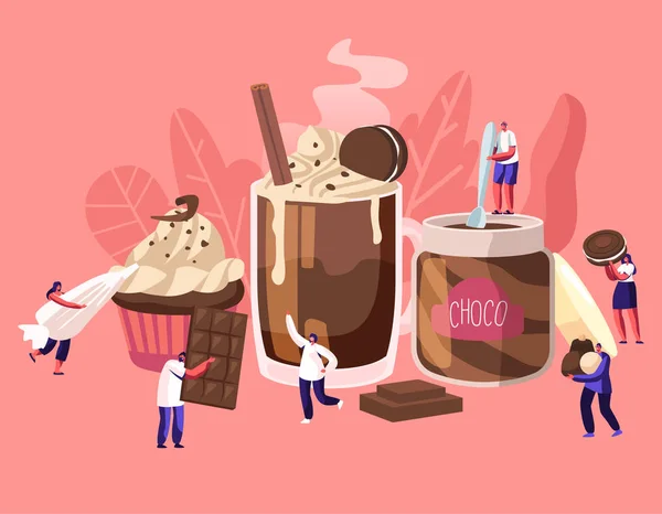 Winzige Schriftzeichen zwischen riesigen Schokoladendessert-Gerichten. Nudeln Schokopaste Cupcake Zuckerrohrcocktail. Menschen, die Süßes essen. Cartoon flacher Vektor Illustration Cartoon flacher Vektor Illustration — Stockvektor