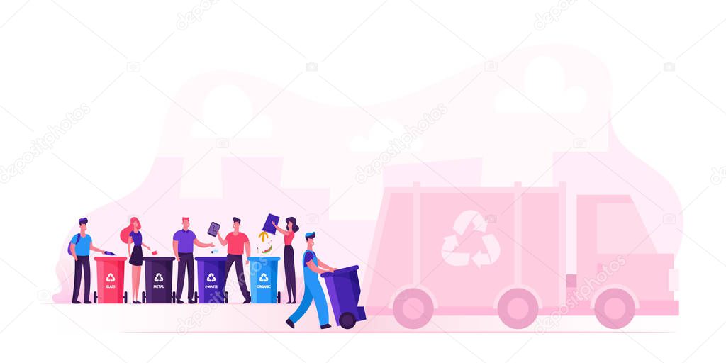 Men and Women Throw Bags to Recycling Containers for Litter Separation. Garbage Man Loading Wastes to Truck for Reduce Environment Pollution. City Recycle Service. Cartoon Flat Vector Illustration