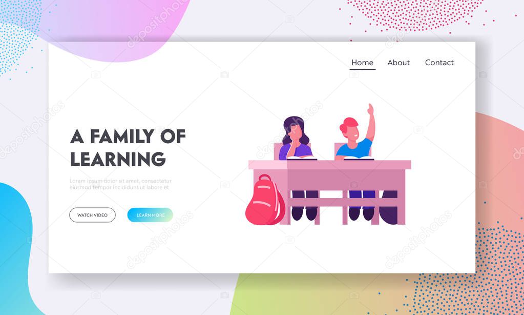 Knowledges and Education Website Landing Page. School Kids Boy and Girl Sitting at Desk in Classroom Studying. Schoolboy Raising Hand to Answer Lesson Web Page Banner. Cartoon Flat Vector Illustration