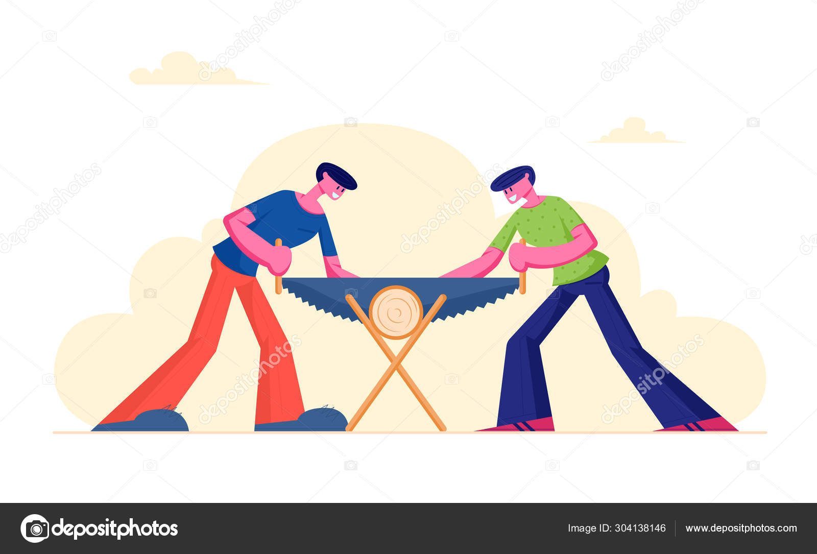 пила двуручная на бревне. распиливает на двое. мальчики пилят дрова рисунок. пилят бревно. пилить рисунок для детей.