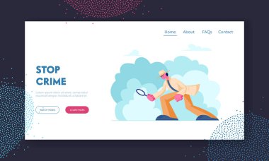 Polis Dedektifi Soruşturma Suç Web Sitesi Açılış Sayfası. Müfettiş Web Sayfası Afiş Çözme Soygun için Zemin Üzerinde Büyüteç Cam Arama Kanıt arıyorsunuz. Karikatür Düz Vektör İllüstrasyon