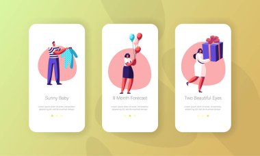 Baby Shower ve Birthday Mobil Uygulama Sayfası Dahili Ekran Seti. Neşeli İnsanlar Çocuk Giyim holding, Balonlar ve Web Sitesi veya Web Sayfası için Yenidoğan Kavramı için Hediyeler, Karikatür Düz Vektör İllüstrasyon