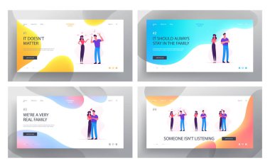 Aile İlişkileri Web Sitesi Açılış Sayfası Seti. Genç Çift Erkek ve Kadın Kavga ve Uzlaşma. Anlaşmazlık Skandalı ve Karı Koca Web Sayfası Banner arasında Aşk. Karikatür Düz Vektör İllüstrasyon