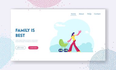 Annelik Aşk Aile Web Sitesi Açılış Sayfası. Happy Woman City Park'ta Çocuk Arabasıyla Yürüyor. Kırsal Arka Plan Web Sayfası Banner Doğum Anne Push Baby Stroller. Karikatür Düz Vektör İllüstrasyon