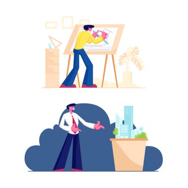 İnşaat ve Mühendislik İnşaat Konsepti. Man Mimar Mühendis Proje Boyama Planı Üzerinde Çalışma Blueprint ve Müşteriler karikatür Düz Vektör İllüstrasyon için House Mock Up Modeli Sunulması