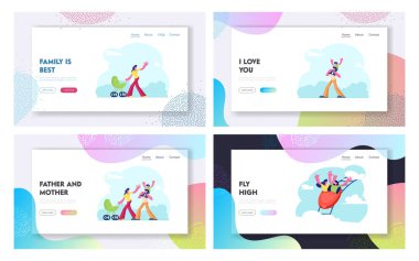 Mutlu Aile Hafta sonu ve Boş Zaman Web Sitesi Açılış Sayfası Seti. Genç Çift Rollercoaster Rides Hızlı Sürme, Anne Baba ve Çocuk Yürüyüş Outdoors Web Sayfası Banner Karikatür Düz Vektör İllüstrasyon