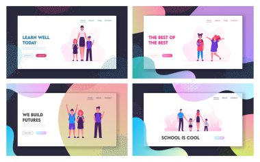 Eğitim ve Okula Dönüş Web Sitesi Açılış Sayfa Seti. Sınıf Toplantısında Öğrenciler ve Genç Kadın Öğretmen Karakteri Birlikte Eğitim Yeni Yıl. Web Sayfası Banner. Karikatür Düz Vektör İllüstrasyon