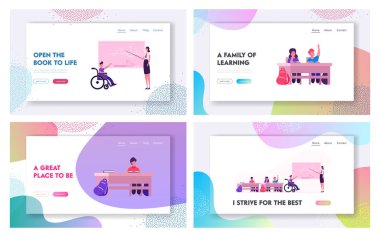 Okulda Engellilik ve Eğitim Web Sitesi Açılış Sayfası. Sağlıklı ve Engelli Çocuklar Ders Edinme Bilgisi Üzerine. Çocuklar Eğitim, Geri Okula Web Sayfası Banner. Karikatür Düz Vektör İllüstrasyon