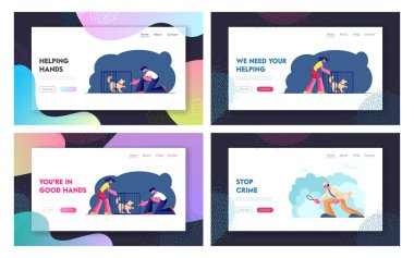 İnsanlar Shelter veya Kennel Web Sitesi Açılış Sayfa Seti evsiz köpek benimseyen. Klasik Şapka ve Pelerin Özel Dedektif Soygun Web Sayfası Banner Çözme İş. Karikatür Düz Vektör İllüstrasyon