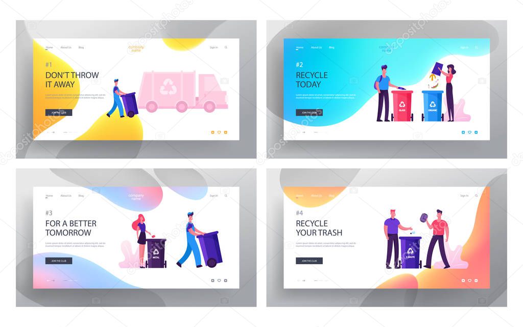 People Sorting Waste Website Landing Page Set. Characters Throw Bags with Garbage to Litter Bins for Separating Metal, Glass, E-waste and Organic Trash Web Page Banner Cartoon Flat Vector Illustration