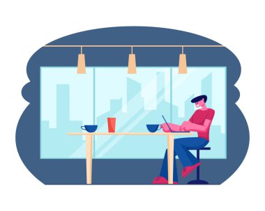 Genç Erkek Freelancer Oturan Doğal Gıda Cafe Ön Açık Laptop Bilgisayar, Yakışıklı Adam Rahat Kahve Dükkanı Karikatür Düz Vektör İllüstrasyon Net-kitap çalışmaları sırasında Metin Mesajı Okuma