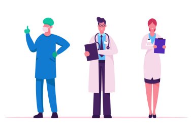 Hastane Sağlık Personeli. Stetoskop Tutan Defter ile Tıbbi Bornoz erkek ve kadın doktorlar, Cerrah Yüz Maskesi Giyiyor. Klinik Tıp Meslek Meslek Karikatür Düz Vektör İllüstrasyon