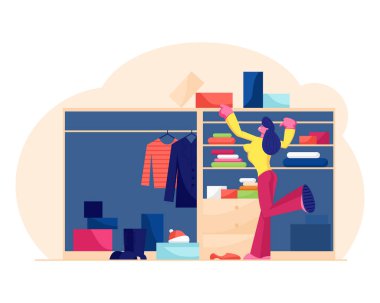 Soyunma Odası veya Ev Gardırop Moda Kıyafet Seçimi Genç Kadın. Yatak Odası Walk-in Organize Dolap Kız Çizgi Film Düz Vektör İllüstrasyon Go Out için seçmek için ne Elbise veya Ayakkabı karar