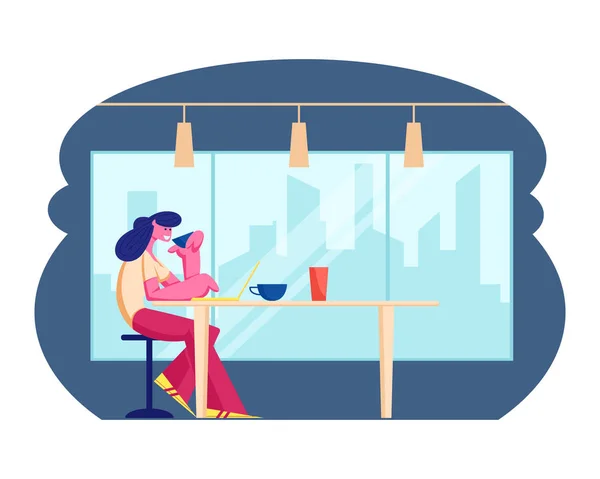 Fiatal nő dolgozó laptop a modern étterem ivás ital. Női karakter látogatás Cafe. Lány ült asztalnál cafeteria belső. Vendéglátás Concept Cartoon lapos Vector illusztráció — Stock Vector