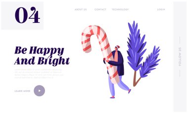 Noel ve Yeni Yıl Tatili Kutlama Web Sitesi Açılış Sayfası. Xmas Sembolü Büyük Şeker Kamışı ile Santa Hat Tiny Karakter. Kış Şenlikli Sezon Web Sayfası Banner. Karikatür Düz Vektör İllüstrasyon