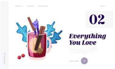 İnsanlar ve Sıcak İçecek Web Sitesi Açılış Sayfası. Minik Karakter Ellerinde Vanilla Stick Web Sayfa Banner olarak Mulled Şarap veya Çay Holding Madde ile Huge Mug standı. Karikatür Düz Vektör İllüstrasyon