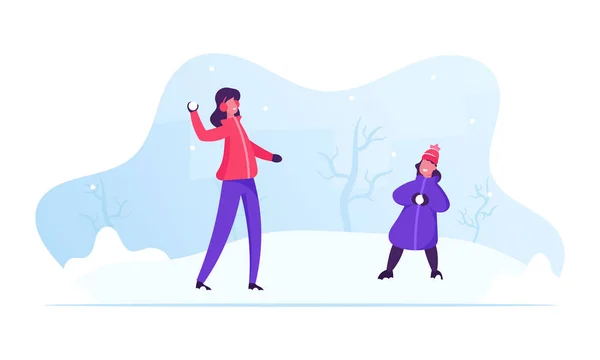 Щаслива сім'я молода мати і маленька дочка грають сніжки на вулиці. Зимовий сезон Відпочинок на відкритому повітрі та розваги. Люди отримують задоволення Різдво, новорічні свята мультфільм плоский Векторні ілюстрації — стоковий вектор