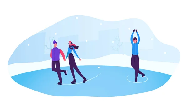 Happy People at Park Performing Leisure Outdoor Activities. Male and Female Characters Figure Skating on Frozen Pond at Winter Day. Christmas Holidays Spare Time. Cartoon Flat Vector Illustration