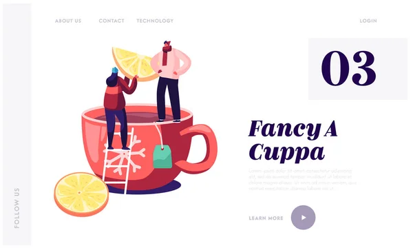 Hot Beverage for Cold Season Website Landing Page. Tiny Man and Woman Standing on Huge Cup with Hot Tea Put Lemon Slice. Hot Drink Festive Winter Time Web Page Banner. Cartoon Flat Vector Illustration — Stock Vector