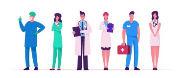 Hastane Sağlık Personeli Seti, Stetoskop Tutan Defterli Medikal Bornoz doktorlar, Üniformalı Cerrah Karakteri, Hemşire Kliniği, Tıp Mesleği Meslek Karikatür Düz Vektör İllüstrasyon
