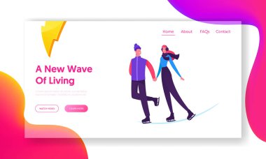 Loving Çift Paten Web Sitesi Açılış Sayfası. Mutlu Genç Aile veya Arkadaşlar Erkek ve Kadın Tutan Eller Ice Rink Web Sayfası Banner Birlikte Artistik Patinaj Zaman harcamak. Karikatür Düz Vektör İllüstrasyon