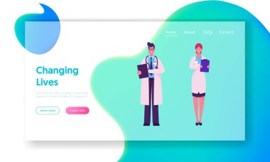 Klinik Tıp Mesleği Web Sitesi Açılış Sayfası. Hastane Sağlık Personeli İş Başında. Tıp Bornoz Erkek Doktor Hemşire Tutan Notebook Web Page Banner ile konuşan. Karikatür Düz Vektör İllüstrasyon