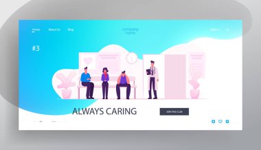 Sağlık Hizmetleri Web Sitesi Açılış Sayfası. Klinik Salonunda Oturan Hastalar Doktor Randevusu Bekliyor. Uygulayıcı Danışma Web Sayfası Banner için Müşteri Davet. Karikatür Düz Vektör İllüstrasyon