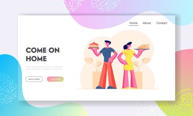 Ana Sayfa Yemek Web Sitesi Açılış Sayfası. Happy Couple Fırın Kek ve Kızarmış Tavuk ile Tepsiler Holding. Karı Koca, Parti veya Aile Etkinliği Web Sayfası Banner'ı için Konuklarla Tanışın. Karikatür Düz Vektör İllüstrasyon