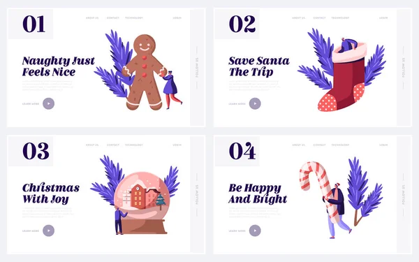 Festive Winter Season Holidays Website Landing Page Set. People and Christmas Traditional Symbols Gingerbread Man, Gift Sock Candy Cane Crystal Ball Web Page Banner. Cartoon Flat Vector Illustration