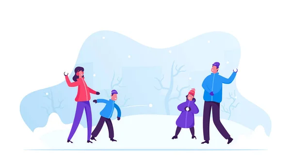 Jovem família feliz de pais e filhos jogando Snowball Luta e se divertindo na neve no dia de inverno. Mãe alegre e pai jogando bolas de neve com seus filhos. Desenhos animados ilustração vetorial plana — Vetor de Stock