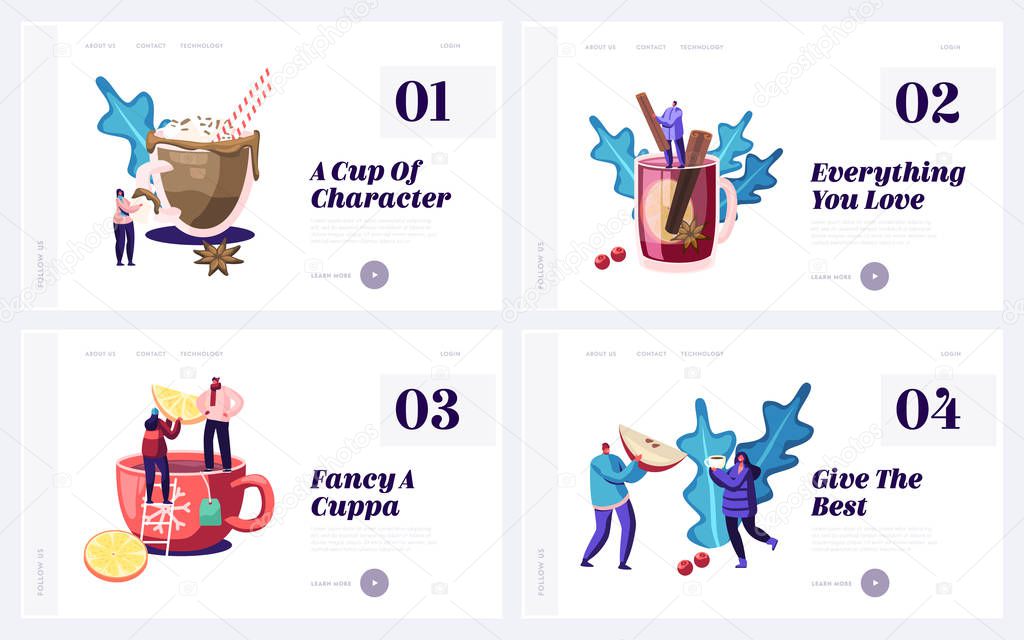 Cold Season Drinks Website Landing Page Set. Male and Female Characters Drinking Hot Beverage at Autumn or Winter Time. Cocoa Tea Mulled Wine Chocolate Web Page Banner Cartoon Flat Vector Illustration