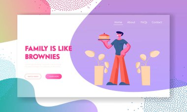 Dating veya Dinner Web Sitesi Açılış Sayfası için Sağlıklı Yemek. Pasta ile Genç Adam Tutan Tepsi Sunan Ev Yapımı Fırın Gıda Lezzetli Yemek Web Sayfası Banner Hazırlanıyor. Karikatür Düz Vektör İllüstrasyon