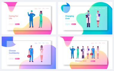 Medic Meslek Web Sitesi Açılış Sayfası Seti. Tıp Mesleği, Hastane veya Klinik Personeli Doktor TerapistI Hemşire Ambulans İşçisi. Sağlık Web Sayfası Banner. Karikatür Düz Vektör İllüstrasyon
