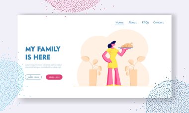 Yerli Gıda Web Sitesi Açılış Sayfası. Genç Kadın Ev Hanımı, Kavrulmuş Hindi veya Tavuk Buluşması Aile ile Hindli Web Sayfası Afişinde Lezzetli Akşam Yemeği Ile Tabak Tutuyor. Karikatür Düz Vektör İllüstrasyon