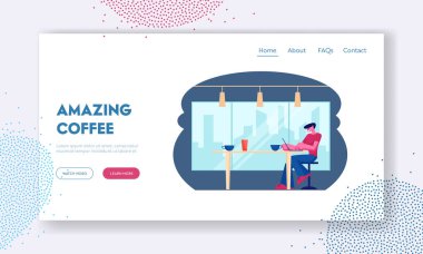 Açık Relax Web Sitesi Açılış Sayfası. Genç Erkek Freelancer Cafe Ön Açık Laptop Bilgisayar Oturan. Rahat Coffee Shop Web Sayfası Banner Net-kitap Man İş. Karikatür Düz Vektör İllüstrasyon