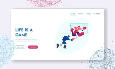 Sporcular Stadyum Web Sitesi Açılış Sayfasında Hokey Oynarlar. Buz Pateni Pisti'nde yarışma. Puck'a Vuran Oyuncu, Kaleci yakalar kapılar web sayfası afişi. Karikatür Düz Vektör İllüstrasyon