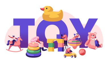 Çocukluk Aktivite Kavramı. Minik Karakterler Büyük Bebek Oyuncakları ve Anaokulu Oyun Alanı Afiş Afiş Broşür çocuklar için farklı oyuncaklar ile oynuyor. Karikatür Düz Vektör İllüstrasyon