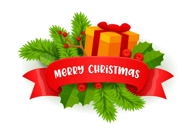 Merry Christmas feestelijke decor met Fir-Tree takken, Holly bessen en geschenk doos gewikkeld met rode lint met typografie. Vakantie ontwerp voor banner of wenskaart cartoon platte vector illustratie — Stockvector