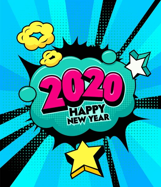 2020 Happy New Year Banner with Comic and Expression Speech Bubble with Typography. Vector Bright Dynamic Cartoon Illustration in Hand Drawn Retro Comic Book Pop Art Style on Halftone Background