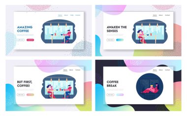 İnsanlar Cafe ziyaret ve Kahve Web Sitesi Açılış Sayfası Seti ile Evde Rahatlatıcı. Restoran Laptop Üzerinde Erkek ve Kadın İş, İçecek Web Sayfası Banner ile Pencerede Kız Otur. Karikatür Düz Vektör İllüstrasyon