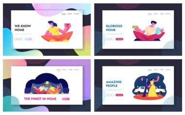 İnsanlar Evde Kitap Okuyarak Vakit Geçiriyorlar, İçki İçiyor, Kırmızı Halı Töreni Web Sitesi Açılış Sayfası Seti. Mutlu Erkek ve Kadın Karakterler Leisure Web Page Banner. Karikatür Düz Vektör İllüstrasyon