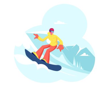 Happy Girl Kış Mevsimi Tatillerinde Kar Yamaçları tarafından Snowboard Sürme. Kayak Merkezi Going Downhill'de Eğlenen Sporcu. Seyahat Aktivite Eğlence. Karikatür Düz Vektör İllüstrasyon