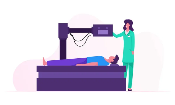 Пацієнт лежить на машині Mri Scan з медсестрою, що стоїть поруч з ним. Магнітно-резонансна томографія Цифрові технології в медицині Діагностика. Медична допомога. Мультфільм плоский Векторні ілюстрації — стоковий вектор