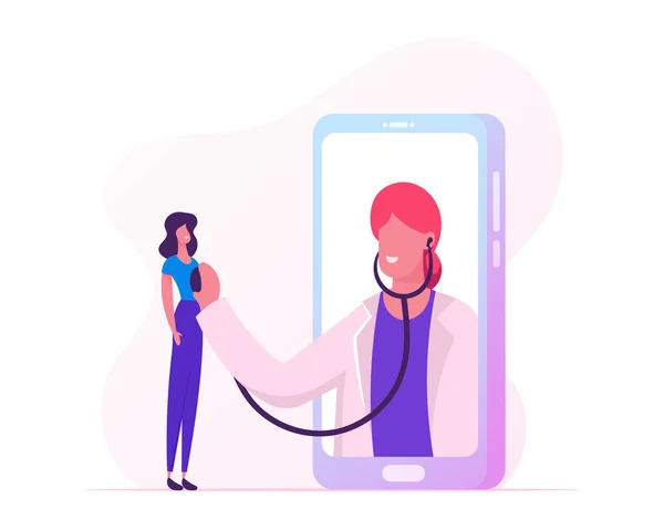 Online egészségügyi szolgálat. Profi orvos-ban fehér bevon-ra nagy smartphone képernyő figyelj páciens szív dobogó-val sztetoszkóp. Szia-Tech egészséggondozás technológiai. Cartoon Flat vektoros illusztráció — Stock Vector