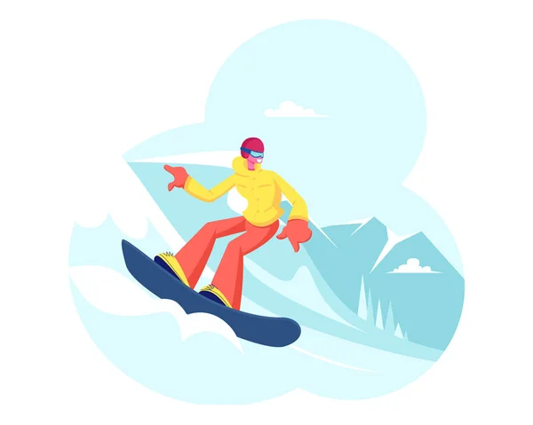 Happy Girl Riding Snowboard by Snow Slopes durante las vacaciones de invierno. Deportiva divirtiéndose en estación de esquí que va cuesta abajo. Actividad de viajes Entretenimiento. Dibujos animados plana Vector Ilustración — Archivo Imágenes Vectoriales