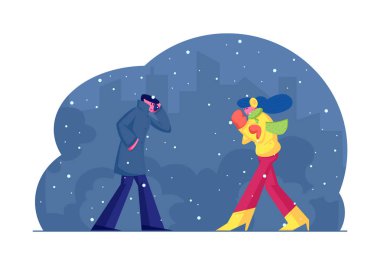 Wintertime Kötü Havalarda Sokakta Yürüyen Ler, Ceket Giyen Yetişkin Erkek ve Kadın Ve Sıcak Giysiler Ii Akşam Vakti Evde Frost Rush'tan Vücudu Koruyan Akşam Karikatürü Düz Vektör İllüstrasyonu